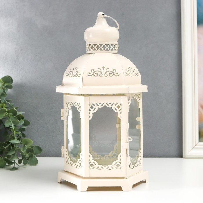 Подсвечник металл, стекло Подсвечник металл, стекло "Фонарь - цветущие вензеля" d-10 см белый 13,5х15х29 см