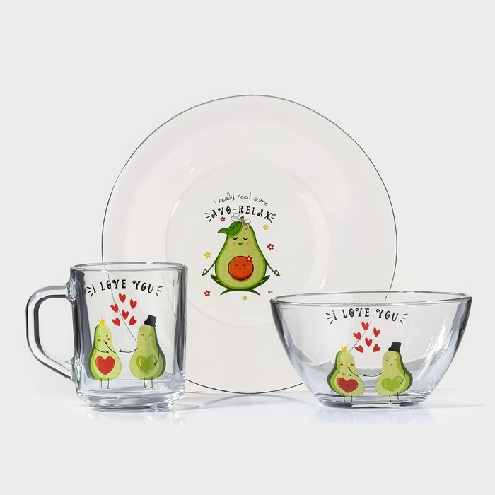 Набор для завтрака &laquo;Авокадо&raquo;, 3 предмета: кружка 200 мл, салатник 450 мл, тарелка, рисунок микс