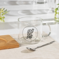 Кружка стеклянная с ложкой на деревянной подставке «Котик», 300 мл, рисунок МИКС Кружка стеклянная с ложкой на деревянной подставке «Котик», 300 мл, рисунок МИКС