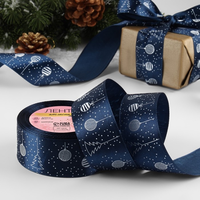 Новый год! Лента атласная &laquo;Ёлочные игрушки&raquo;, 40 мм, 23 &plusmn; 1 м, цвет тёмно-синий №038