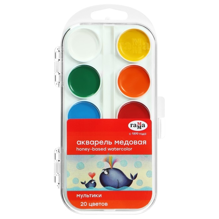 Акварель 20 цветов, &laquo;Гамма&raquo; &laquo;Мультики&raquo;, без кисти, в пластиковой коробке