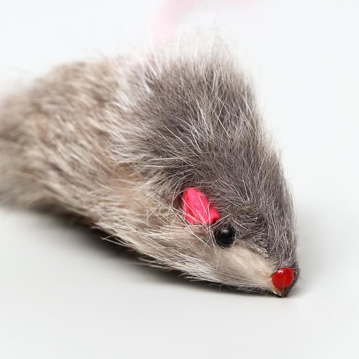 Дразнилка-удочка с серой мышью из натурального меха, 46 см, палочка микс цветов