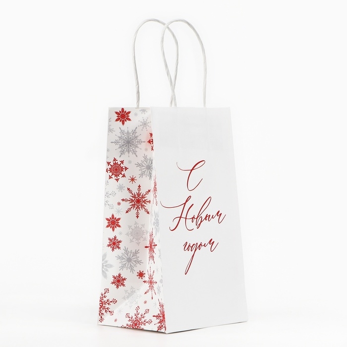 Пакет подарочный новогодний &laquo;С Новым годом&raquo;, снежинки, белый крафт, 12 х 21 х 9 см , Новый год