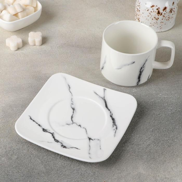Чайная пара керамическая &laquo;Мрамор&raquo;, 2 предмета: чашка 220 мл, блюдце d=14 см, цвет белый