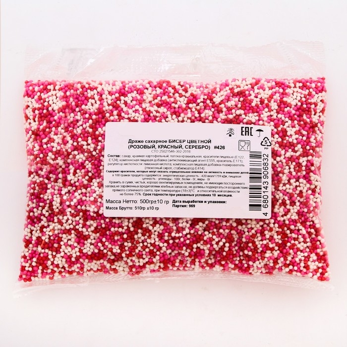 Кондитерская посыпка с мягким центром Кондитерская посыпка с мягким центром "Бисер": розовая, красная, серебряная, 500 г