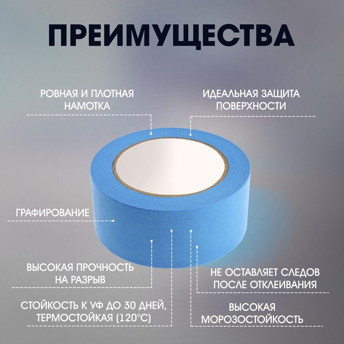 Лента малярная ТУНДРА, клейкая, стойкость к УФ до 30 дней, синяя, 48 мм x 50 м Лента малярная ТУНДРА, клейкая, стойкость к УФ до 30 дней, синяя, 48 мм x 50 м
