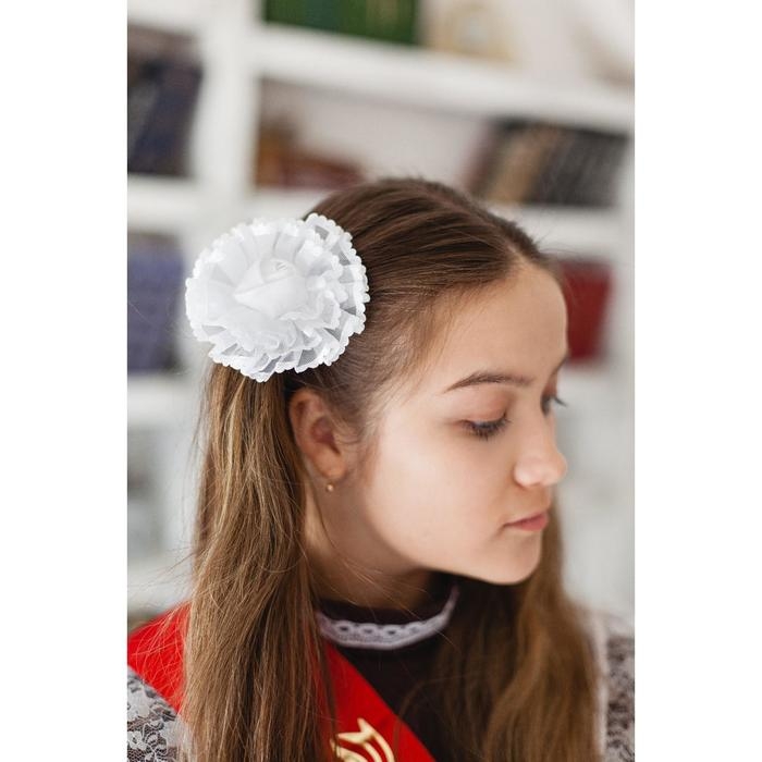 Резинка для волос бант "Школьница" кружево роза, d-10 см, белый
