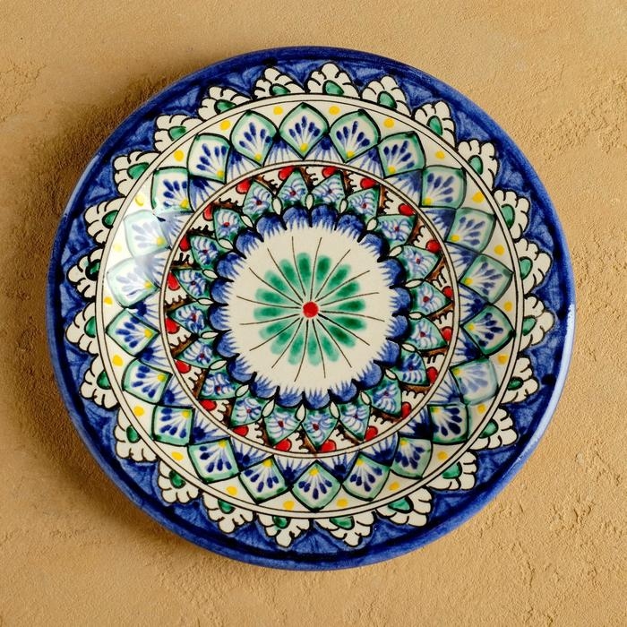 Тарелка Риштанская Керамика "Цветы", синяя, плоская, 17 см, микс