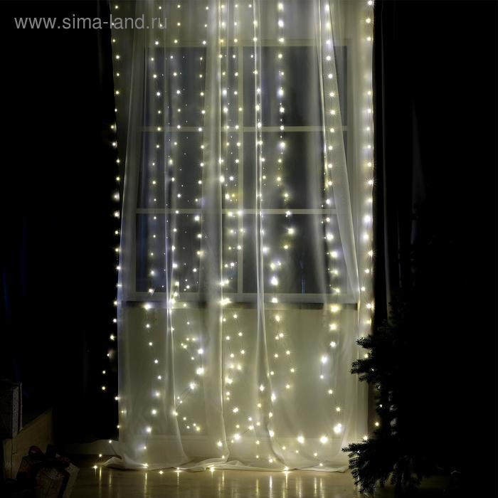 Гирлянда &laquo;Занавес&raquo; 2.8 &times; 3 м роса на крючках, с пультом, IP20, серебристая нить, 300 LED, свечение тёплое белое, 8 режимов, USB