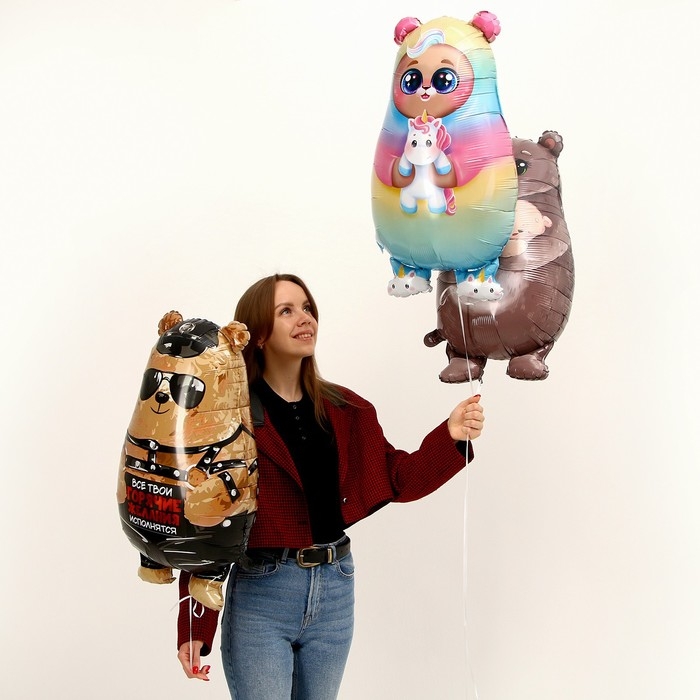 Воздушный шар фольгированный 30" "Мишка-единорог", с подложкой