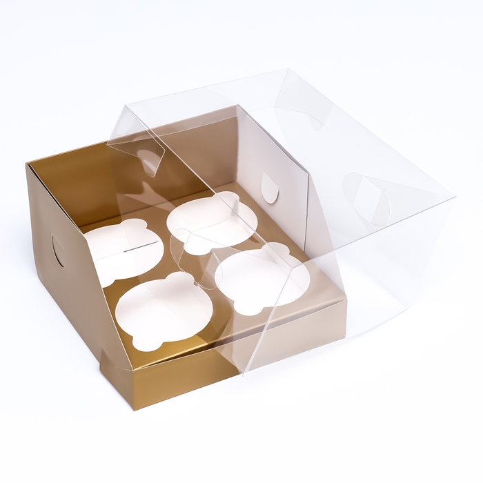 Коробка для 4 капкейков 16 х 16 х 10 , Золотая Коробка для 4 капкейков 16 х 16 х 10 , Золотая