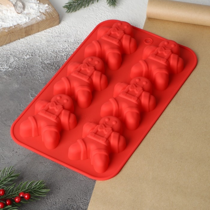 Форма для выпечки новогодняя Доляна &laquo;Новый год. Имбирный пряник&raquo;, силикон, 28&times;17 см, 6 ячеек, цвет красный