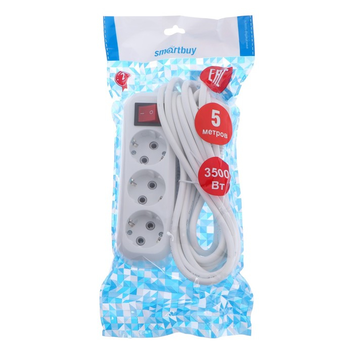 Удлинитель Smartbuy, 3 розетки, 5м, 16 А, 3500 Вт, ПВС 3х1 мм2, с з/к, с выкл., белый Удлинитель Smartbuy, 3 розетки, 5м, 16 А, 3500 Вт, ПВС 3х1 мм2, с з/к, с выкл., белый