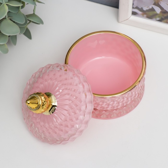 Шкатулка стекло "Ромбы и купол" розовый с золотом 11х8,5х8,5 см