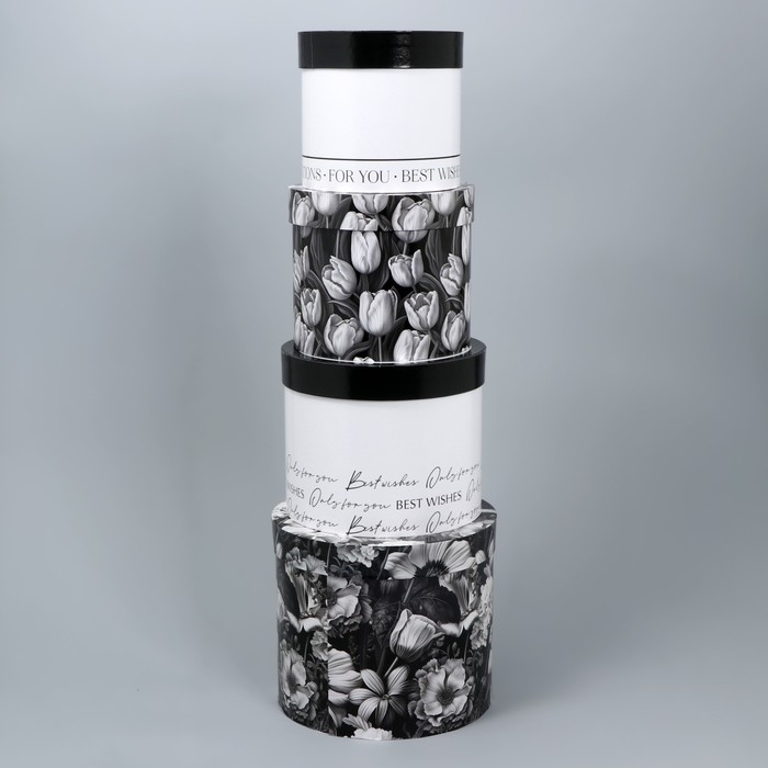 Набор шляпных коробок для цветов 4 в 1, упаковка подарочная, &laquo;Чёрно-белый&raquo;, 14 х 13 см - 20 х 17.5 см