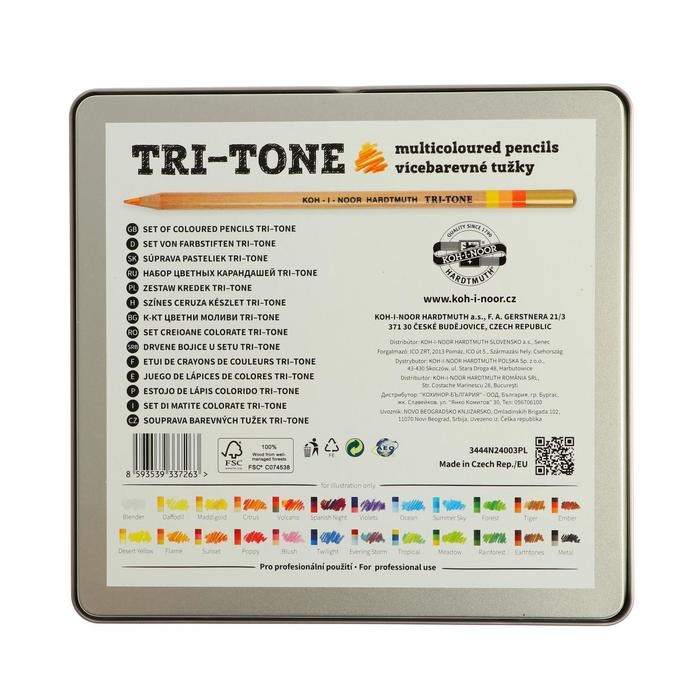 Карандаши много цвета Koh-I-Noor TRI-TONE 3444 24 штук, металлический пенал