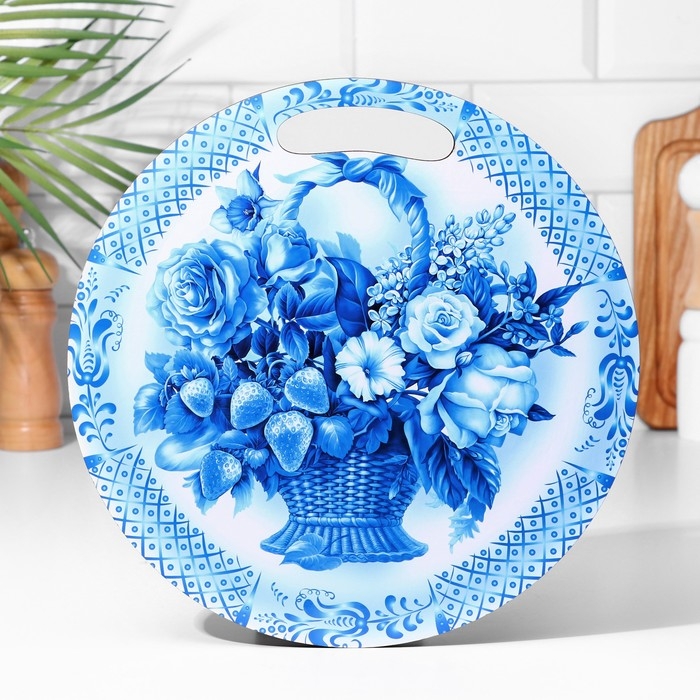 Доска разделочная и сервировочная круглая кухонная Доска разделочная и сервировочная круглая кухонная "Гжельская роспись", 25,5 см