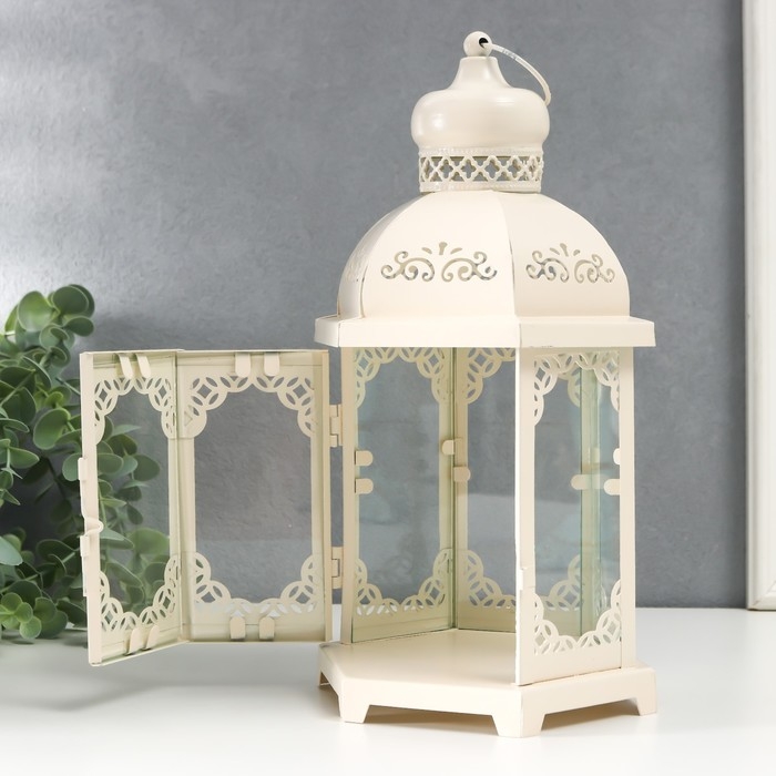 Подсвечник металл, стекло Подсвечник металл, стекло "Фонарь - цветущие вензеля" d-10 см белый 13,5х15х29 см