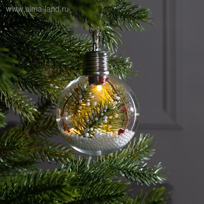 Ёлочный шар &laquo;Ветка ели&raquo;, батарейки, 1 LED, свечение тёплое белое
