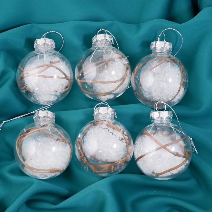 Набор шаров пластик d-6 см, 6 шт Набор шаров пластик d-6 см, 6 шт "Льдинка - веточки" прозрачный