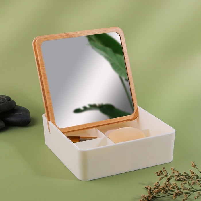 Бокс для хранения косметических принадлежностей, с зеркалом, 4 секции, 15 &times; 15 &times; 5 см, цвет белый/коричневый