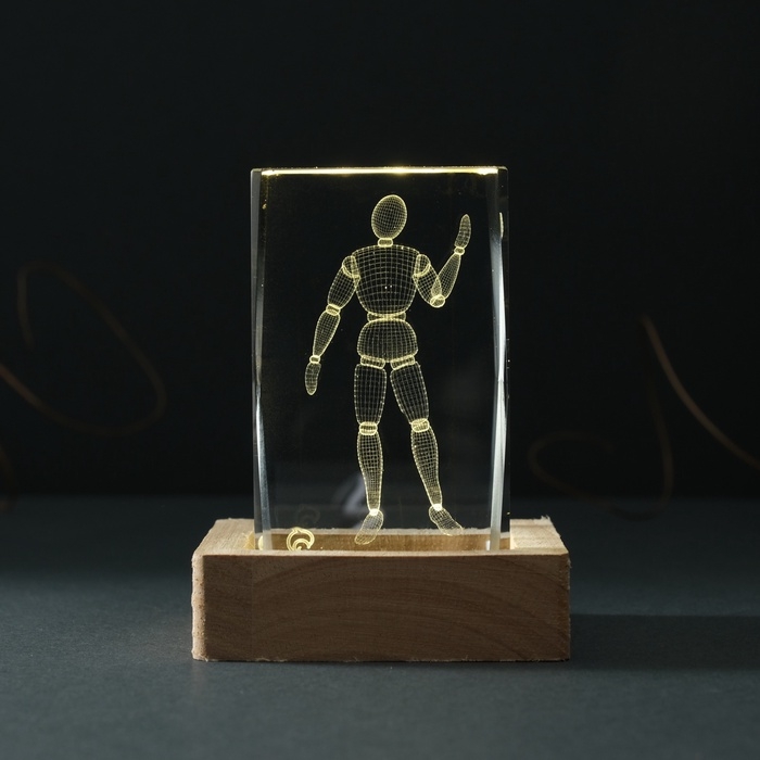 Сувенир стекло подсветка Сувенир стекло подсветка "Прямоугольник. Шарнирный человек" подставка дерево, USB 7х7х10