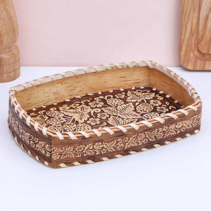 Сухарница &laquo;Ягодки&raquo;, прямоугольная, 14&times;21&times;4 см, береста