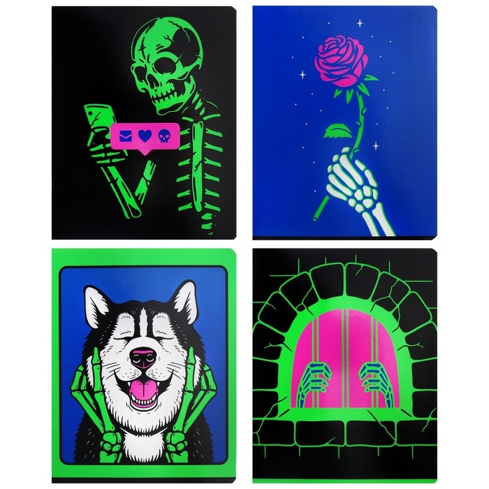 Тетрадь 48 листов в клетку на скрепке Тетрадь 48 листов в клетку на скрепке "Скелетон", обложка мелованный картон, ВД-лак, флуоресцентная краска, МИКС