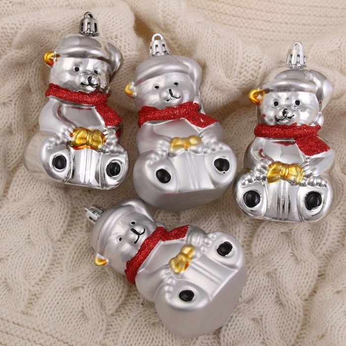 Ёлочная игрушка "Мишка в шарфике" (набор 4 шт) 5,5х8 см, серебро