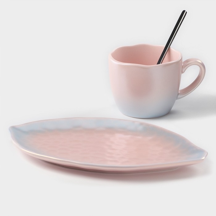 Чайная пара керамическая &laquo;Перламутр&raquo;, 3 предмета: кружка 190 мл, блюдце d=21 см, ложка h=13 см
