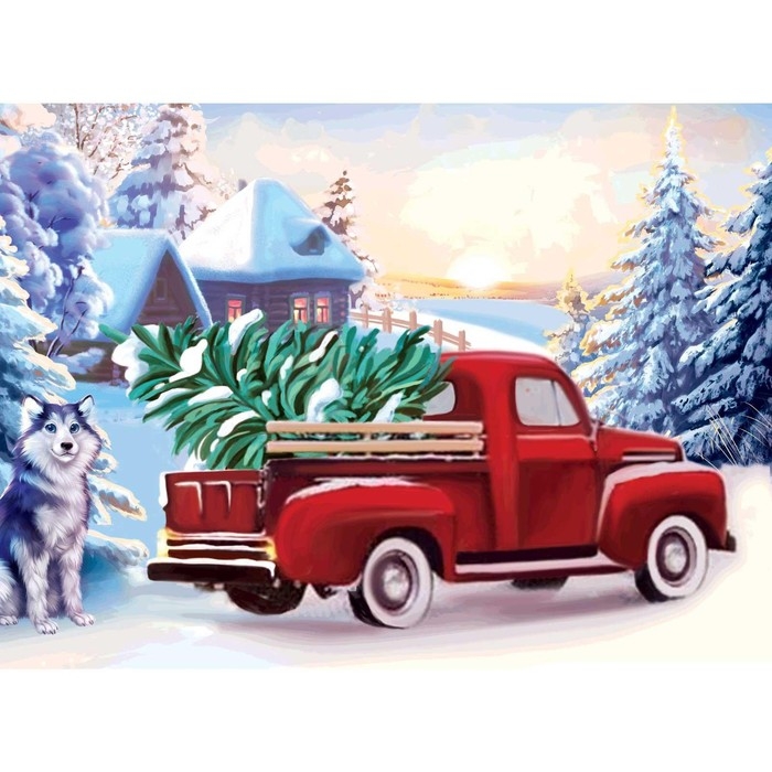 Алмазная мозаика на новый год с частичным заполнением на холсте &laquo;Грузовичок&raquo;, 15 х 21 см, новогодний набор для творчества