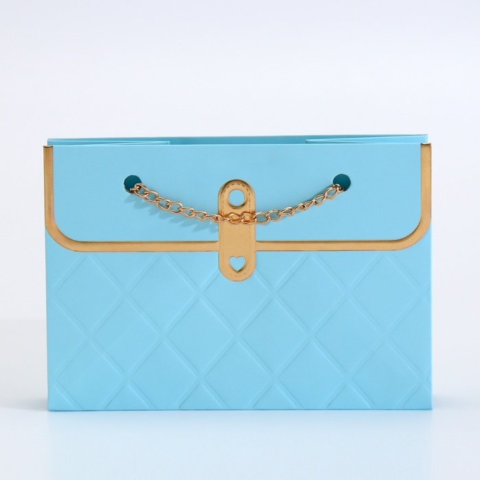 Пакет для цветов, ручка цепь, "Лазурный", с золотым тиснением, 15 х 10,5 х 10 см