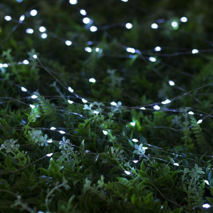 Гирлянда &laquo;Нить&raquo; 20 м роса, IP44 серебристая нить, 200 LED, свечение белое, 2 режима, солнечная батарея