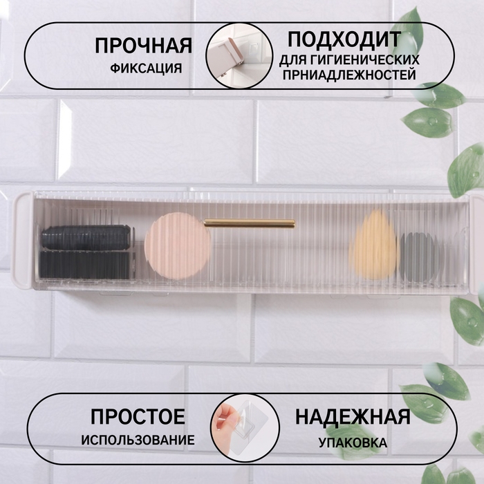 Органайзер для хранения, навесной, 1 секция, с клеевой основой и крючками, 38,7 &times; 8,5 &times; 6,5 см, цвет полупрозрачный/белый