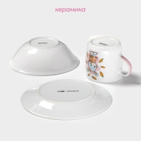 Набор детской посуды из керамики Доляна &laquo;Лапочка зайка&raquo;, 3 предмета: кружка 230 мл, миска 400 мл, тарелка d=18 см