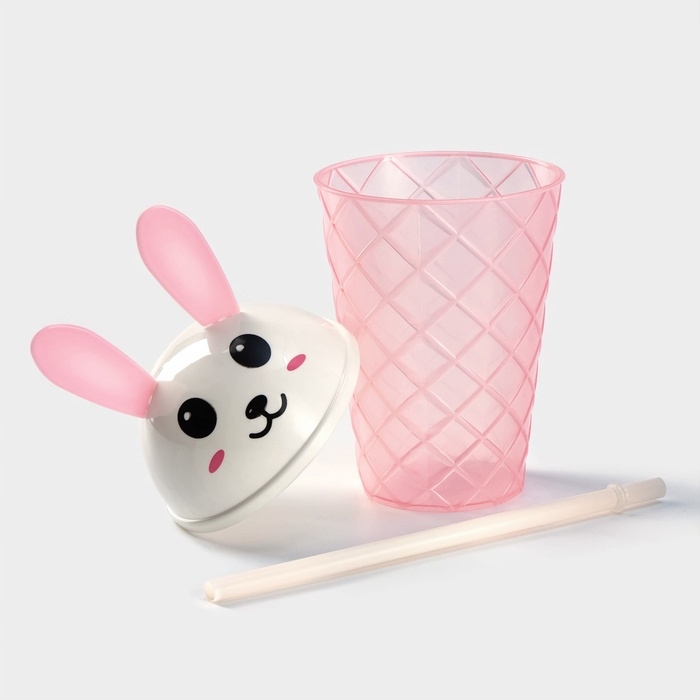 Стакан пластиковый с крышкой и трубочкой Доляна &laquo;Зайка&raquo;, 500 мл, цвет МИКС