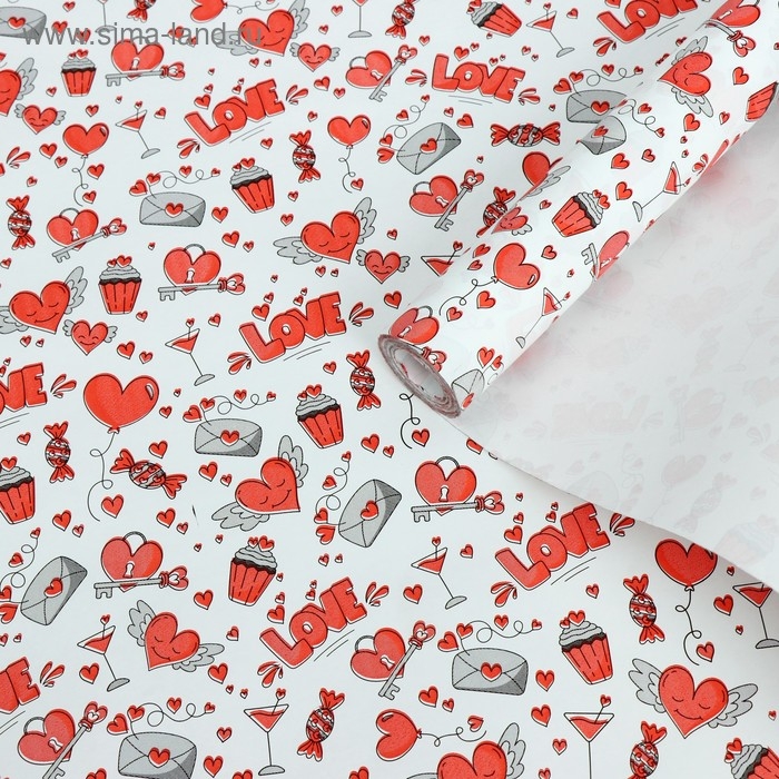 Бумага упаковочная крафт "Валентинки", 0,55 х 10 м, 70 г/м&sup2;