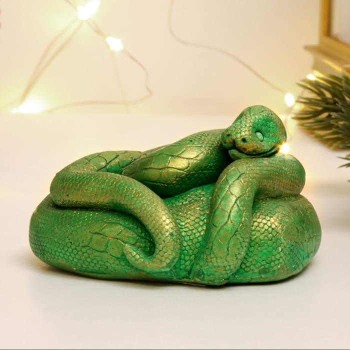 Новый год. Символ 2025. Фигура "Змея Лея" зеленый с позолотой, 5х6,5х7,5см