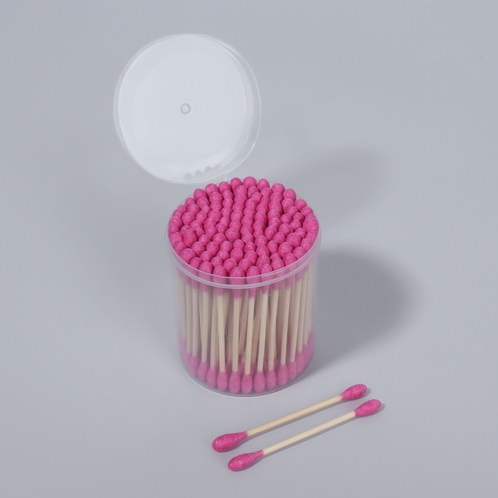 Ватные палочки на деревянной основе, 7 см, 112 шт, в пластиковом органайзере, цвет розовый