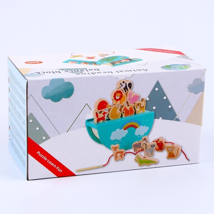 Детская деревянная игрушка 2 в1 балансир + шнуровка &laquo;Зверята&raquo; 18 &times; 9,5 &times; 10 см