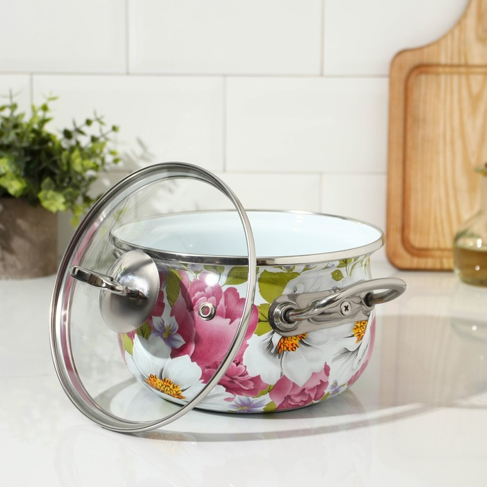 Кастрюля эмалированная «Пион», 2.1 л, стеклянная крышка, индукция Кастрюля эмалированная «Пион», 2.1 л, стеклянная крышка, индукция