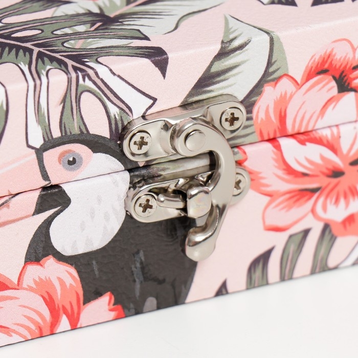 Шкатулка дерево "Какаду и тукан в цветочных джунглях" кожзам 5,5х24х17 см