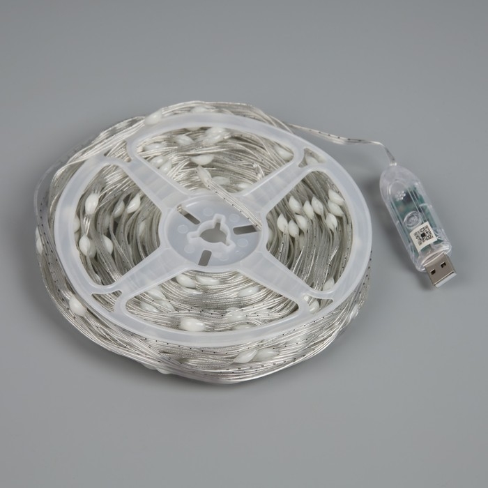 Умная гирлянда &laquo;Нить&raquo; 20 м роса, IP44, серебристая нить, 200 LED, управление с приложения, свечение RGB, USB