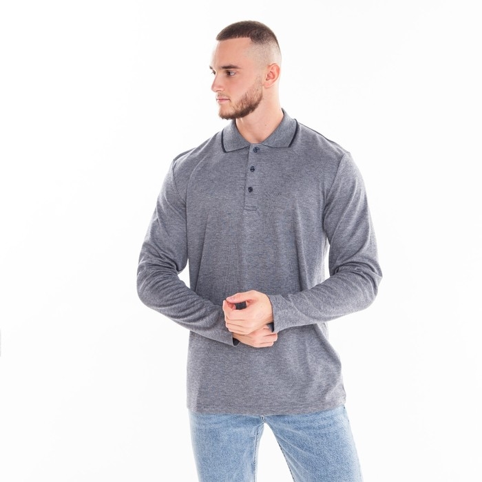 Поло мужское с длинным рукавом, цвет серый/синий, размер М