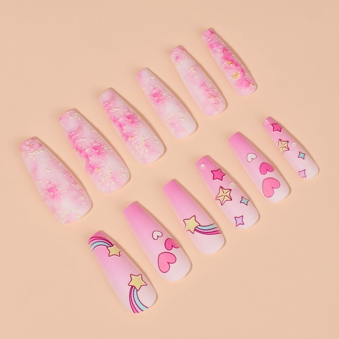 Накладные ногти &laquo;Звёздочка&raquo;, 12 шт, с клеевыми пластинами, форма балерина, цвет розовый