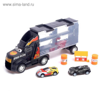 Гараж детский &laquo;Грузовик &laquo;Перевозчик&raquo;, 2 металлические машинки и дорожные знаки, МИКС