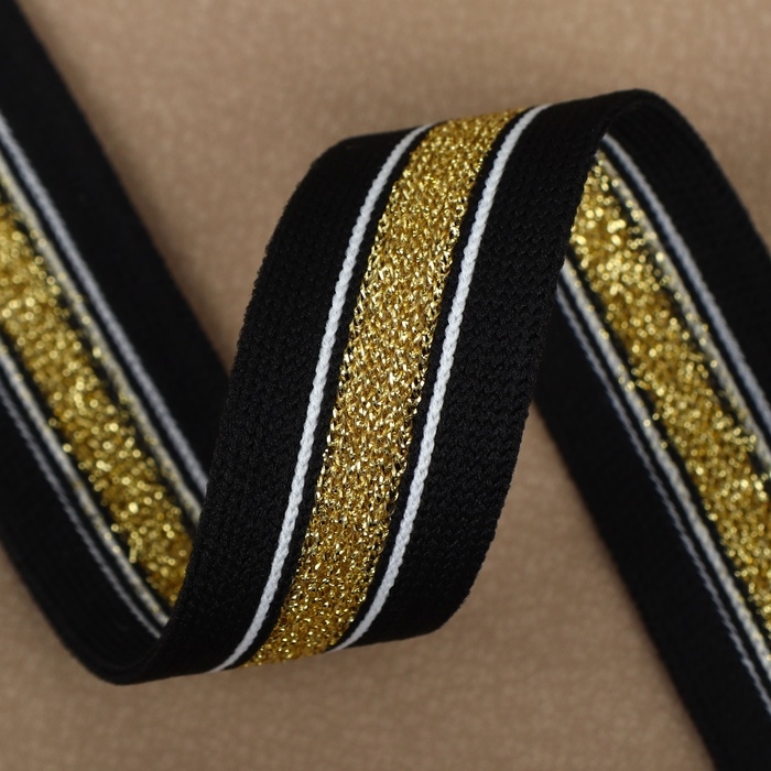 Тесьма трикотажная лампас 25 мм, 9,1 &plusmn; 0,5 м, цвет чёрный/золотой