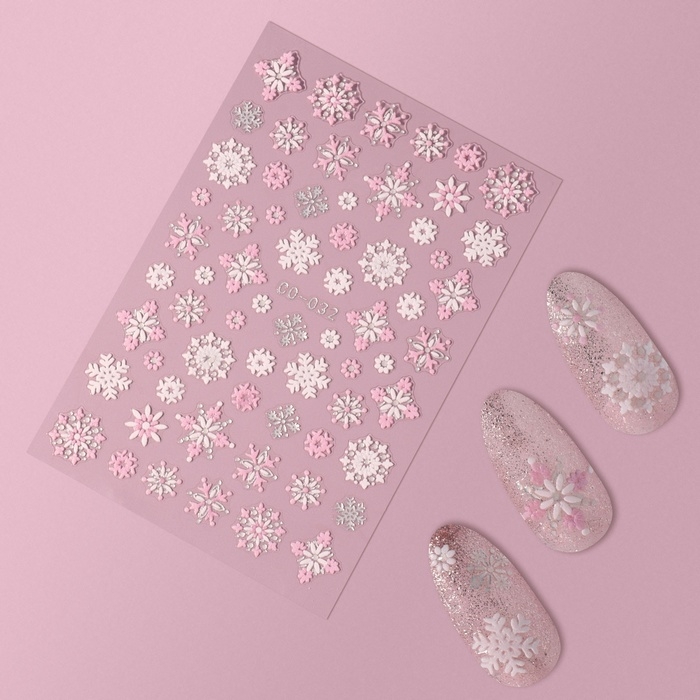 Новый год! Наклейки для ногтей &laquo;Снежинки&raquo;, объемные, цвет белый/розовый