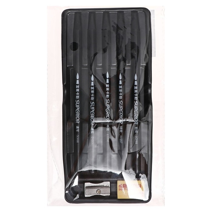 Карандаши цельнографитные, черные 5 штук + ластик + точилка Карандаши цельнографитные, черные 5 штук + ластик + точилка