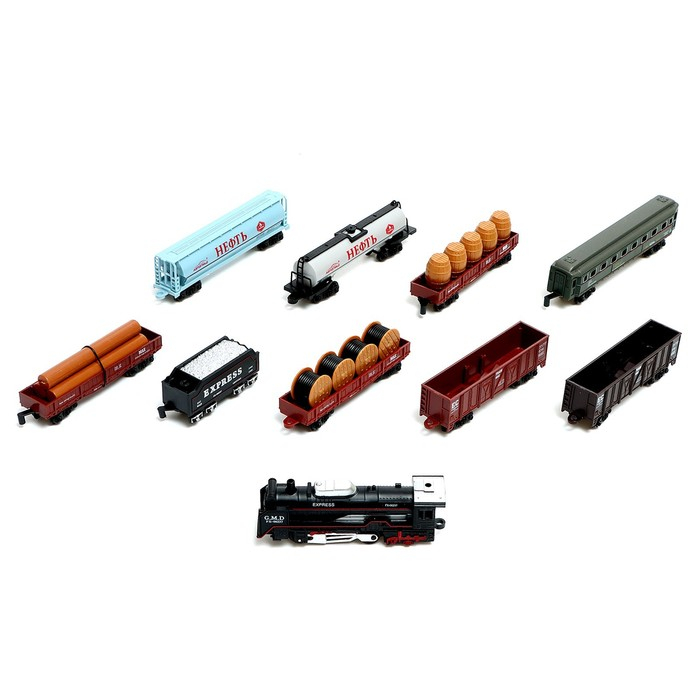 Железная дорога &laquo;Товарный поезд&raquo;, с 9 вагонами, работает от батареек, свет